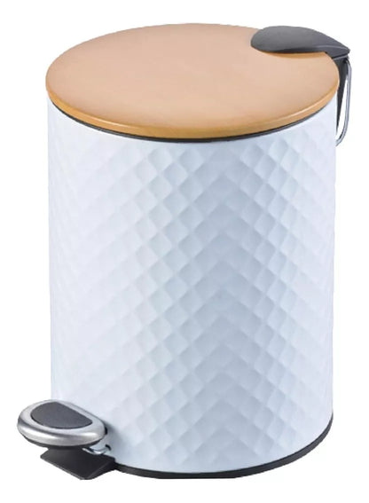 Cesto texturado blanco con tapa de madera y cierre suave 5 litros