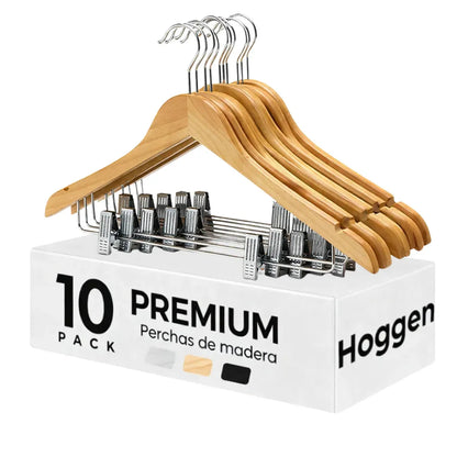 Pack X 10 Perchas De Madera Con Ganchos Natural Lustradas