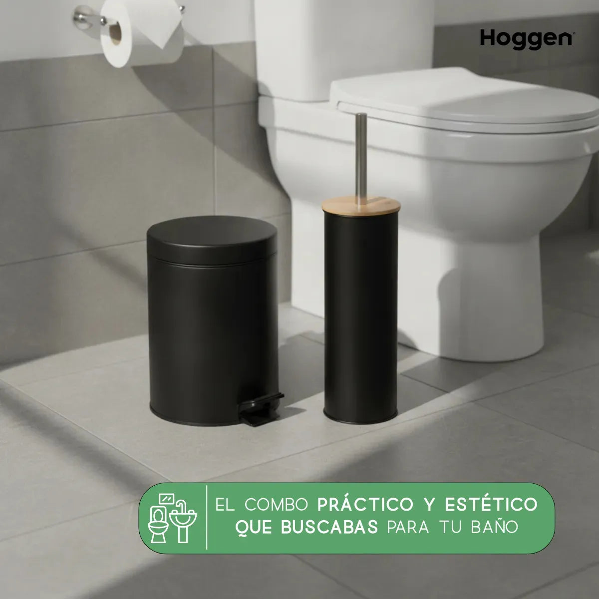 Set Cesto Basura A Pedal 3 Lts Y Escobilla de Bambu para Baño Negro