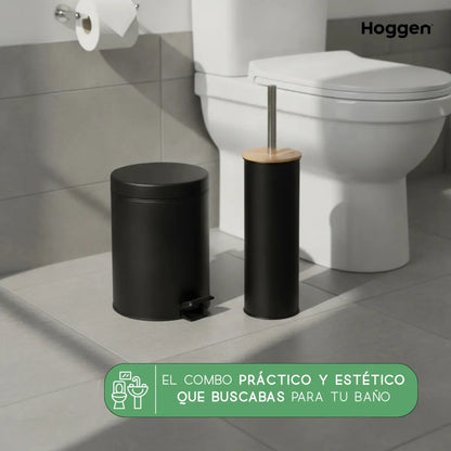 Set Cesto Basura A Pedal 3 Lts Y Escobilla de Bambu para Baño Negro