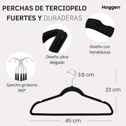 Perchas Terciopelo Adultos Antideslizante Negras X 100 Unidades