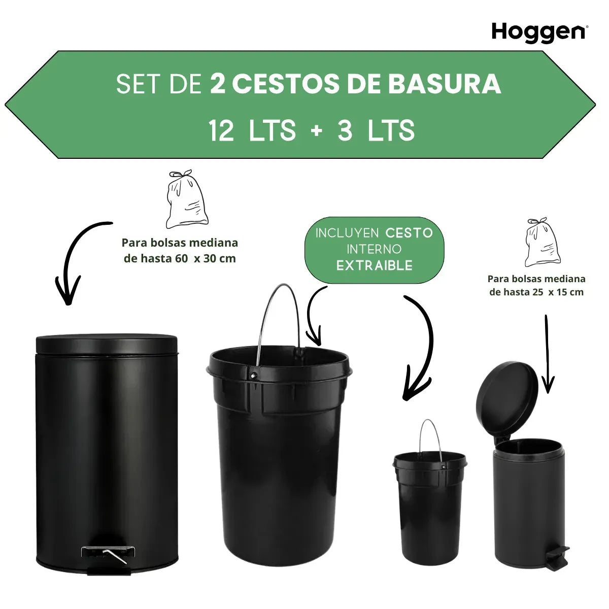Set Cesto De Basura 3 Lts Y 12 Lts para Baño y Cocina Negro