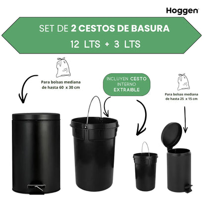 Set Cesto De Basura 3 Lts Y 12 Lts para Baño y Cocina Negro