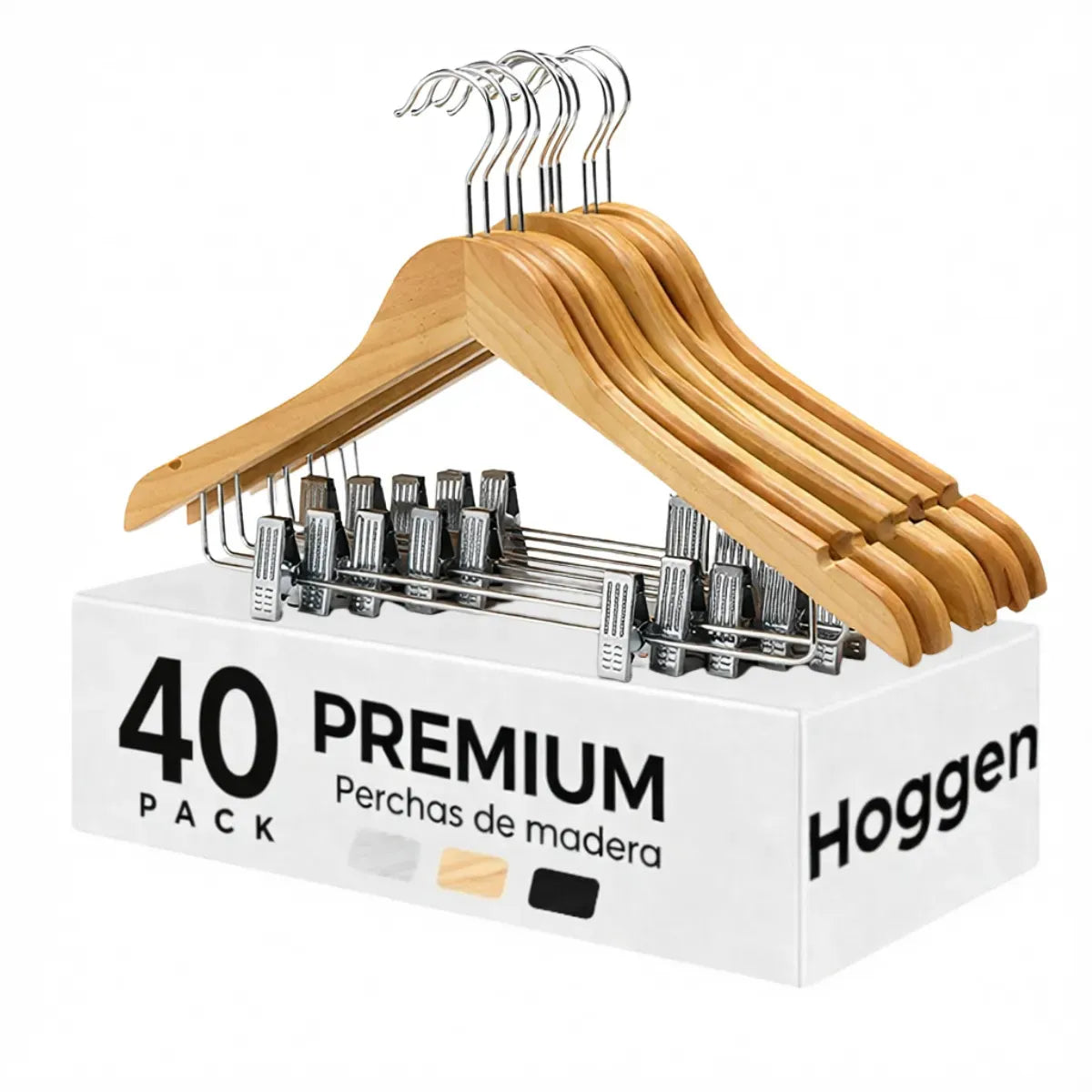 Pack X 40 Perchas De Madera Con Ganchos Natural Lustradas