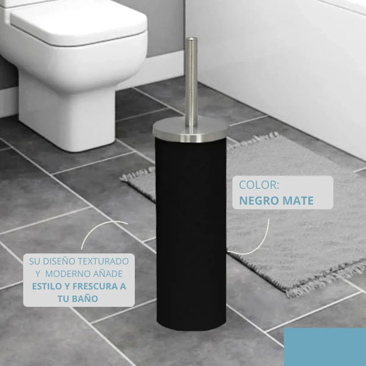 Set Baño Cesto Basura Texturado con Tapa de Madera 5 Lts + Escobilla Texturada Negra.