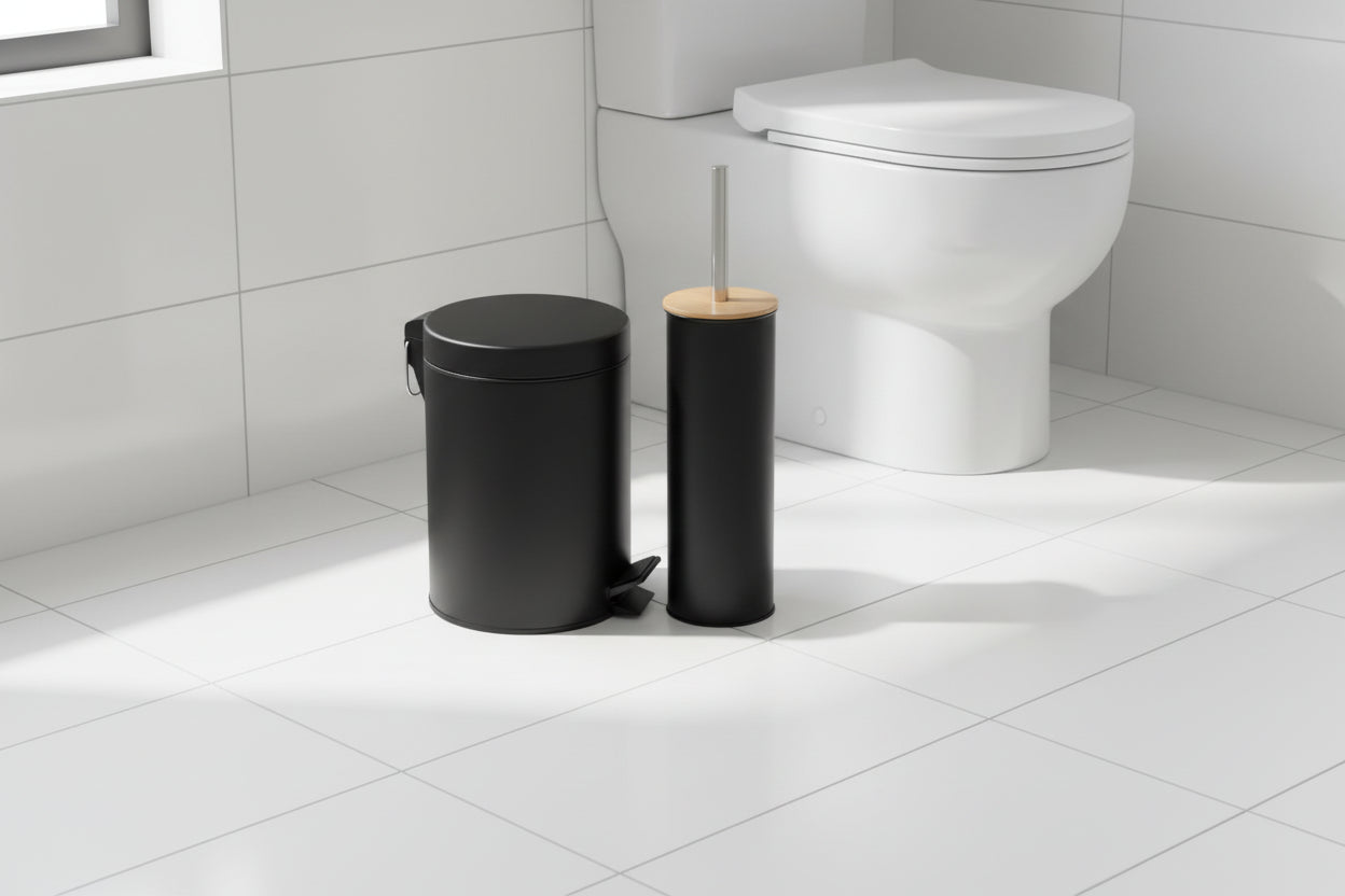 Set Cesto Basura A Pedal 3 Lts Y Escobilla de Bambu para Baño Negro