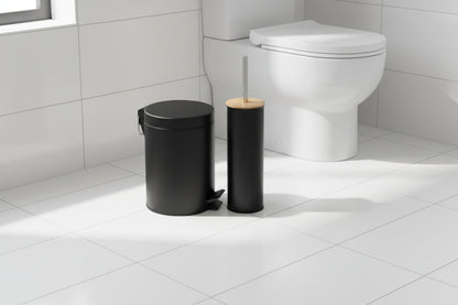 Set Cesto Basura A Pedal 3 Lts Y Escobilla de Bambu para Baño Negro