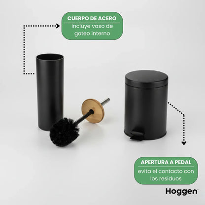 Set Cesto Basura A Pedal 3 Lts Y Escobilla de Bambu para Baño Negro