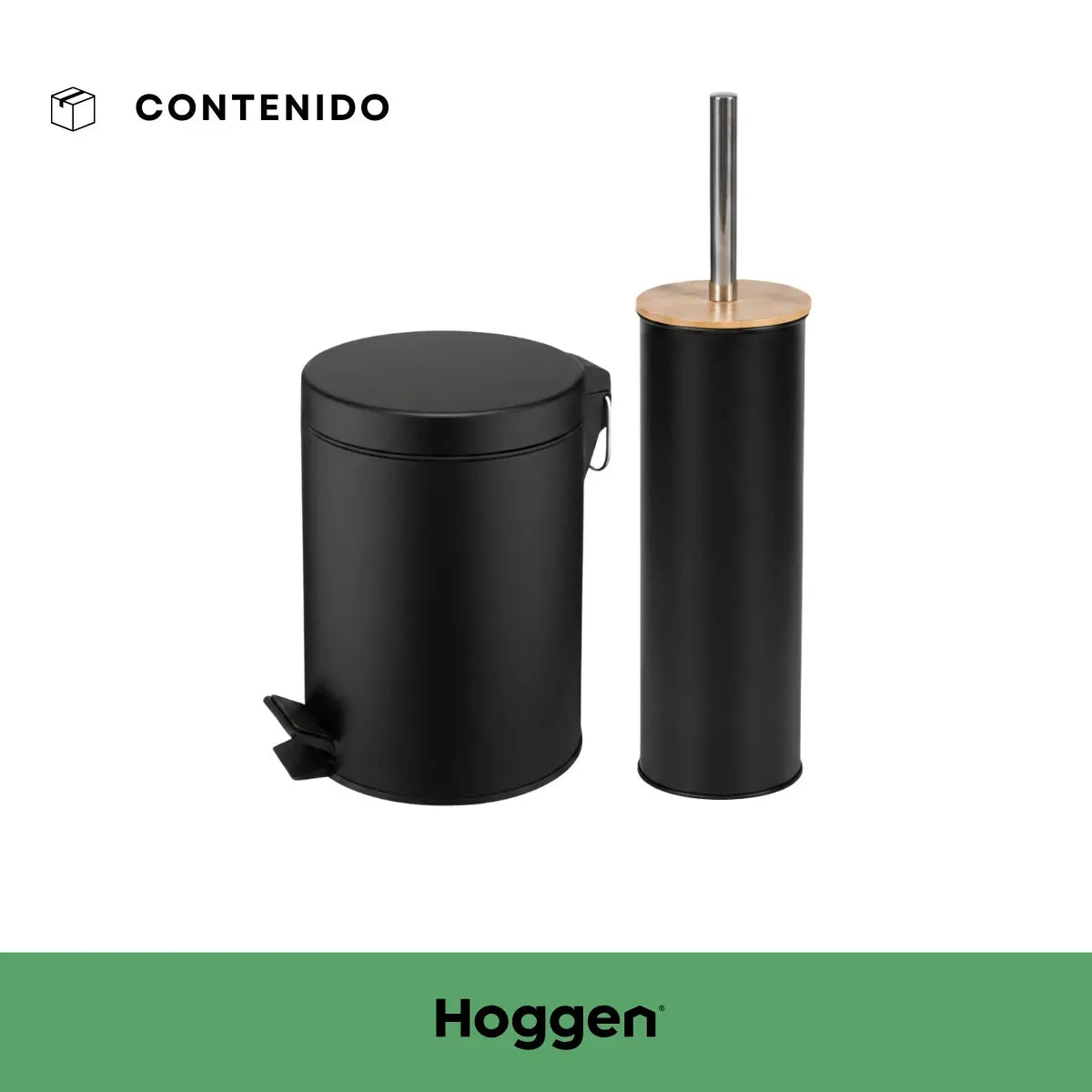 Set Cesto Basura A Pedal 3 Lts Y Escobilla de Bambu para Baño Negro