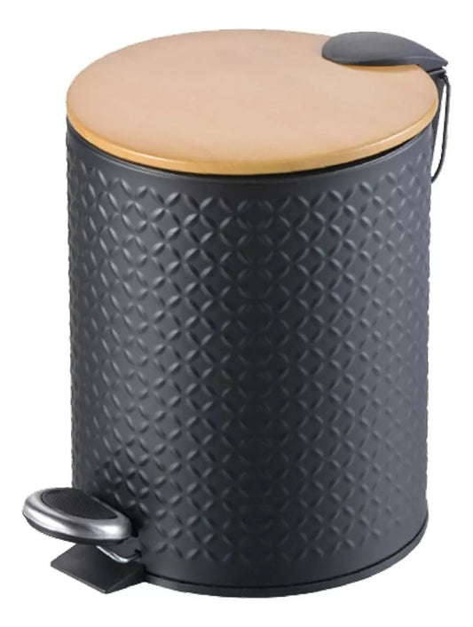 Cesto texturado negro con tapa de madera y cierre suave 5 litros