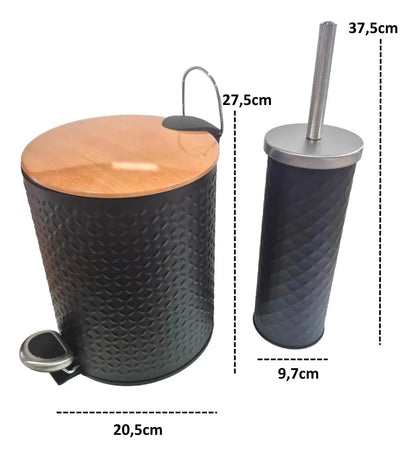Set Baño Cesto Basura Texturado con Tapa de Madera 5 Lts + Escobilla Texturada Negra.