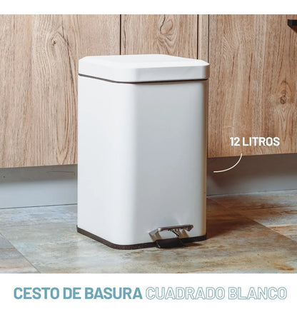 Tacho De Basura Cesto Residuo A Pedal Cuadrado 12 Lts Color Blanco