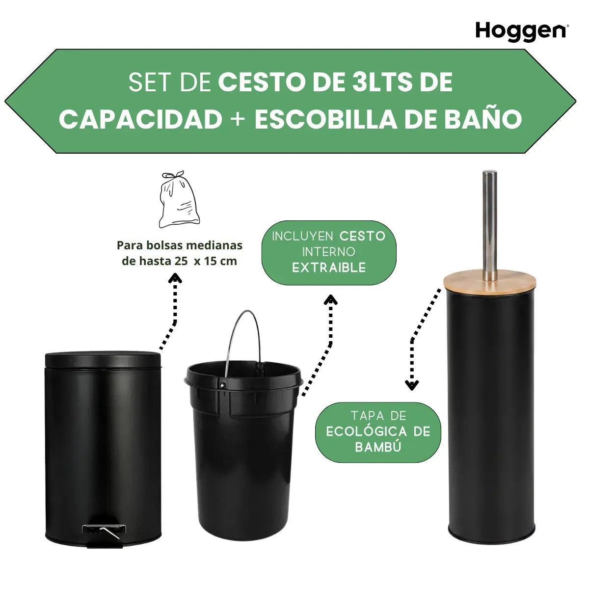 Set Cesto Basura A Pedal 3 Lts Y Escobilla de Bambu para Baño Negro