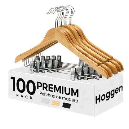 Pack X 100 Perchas De Madera Con Ganchos Natural Lustradas