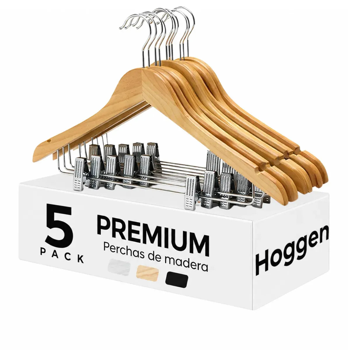 Pack X 5 Perchas De Madera Con Ganchos Natural Lustradas