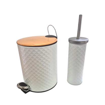 Set de Baño Texturado Blanco Cesto con Pedal 5 Lts + Escobilla con Base Tapa Símil Madera