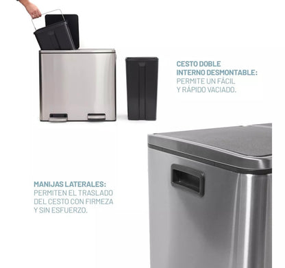 Cesto a pedal doble compartimento acero inoxidable 48 lts