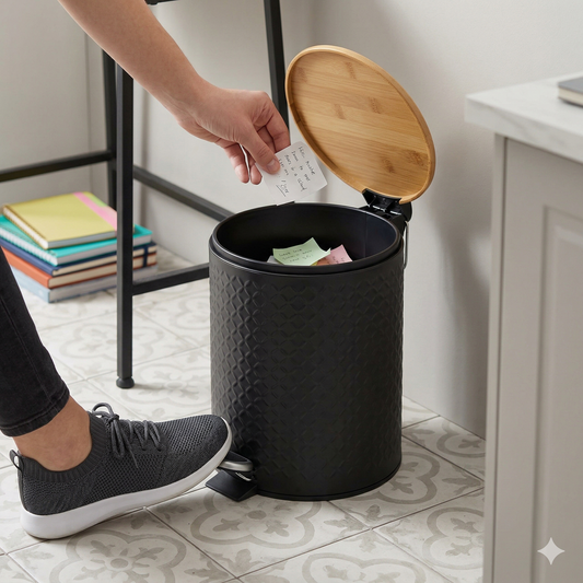 Cesto de Basura Texturado Negro con Tapa de Madera de 5 Lts