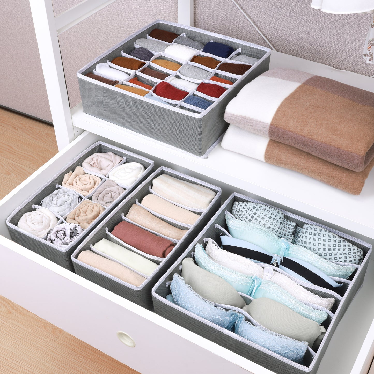 Set X4 Organizador Ropa Interior Separador Cajon Tela Gris