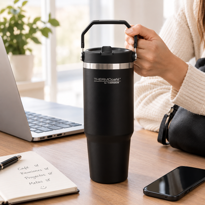 Vaso Térmico de Acero Inoxidable 880 ml con Manija y Tapa Antiderrame