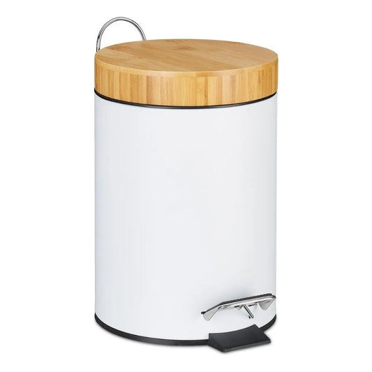 Cesto de Basura  Blanco Mate con Tapa Madera 3 Lts