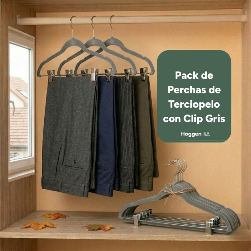 Perchas terciopelo adultos gris con clip x 100 unidades