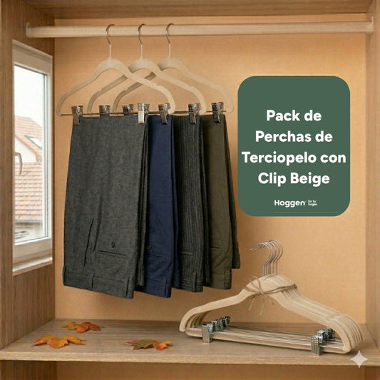 Perchas terciopelo adultos beige con clip x 100 unidades